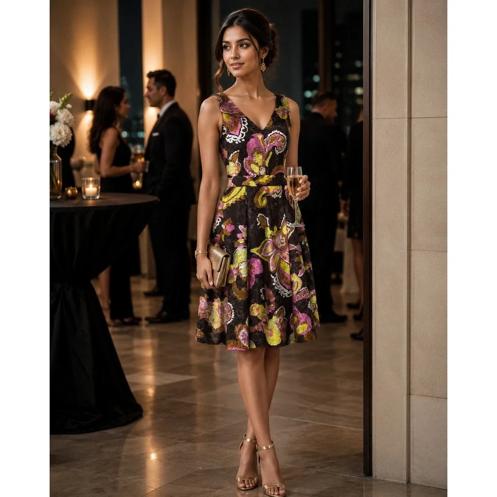 Tory Burch Silk Metallic Paisley Floral V-Neck Fit & Flare Cocktail Dress  4